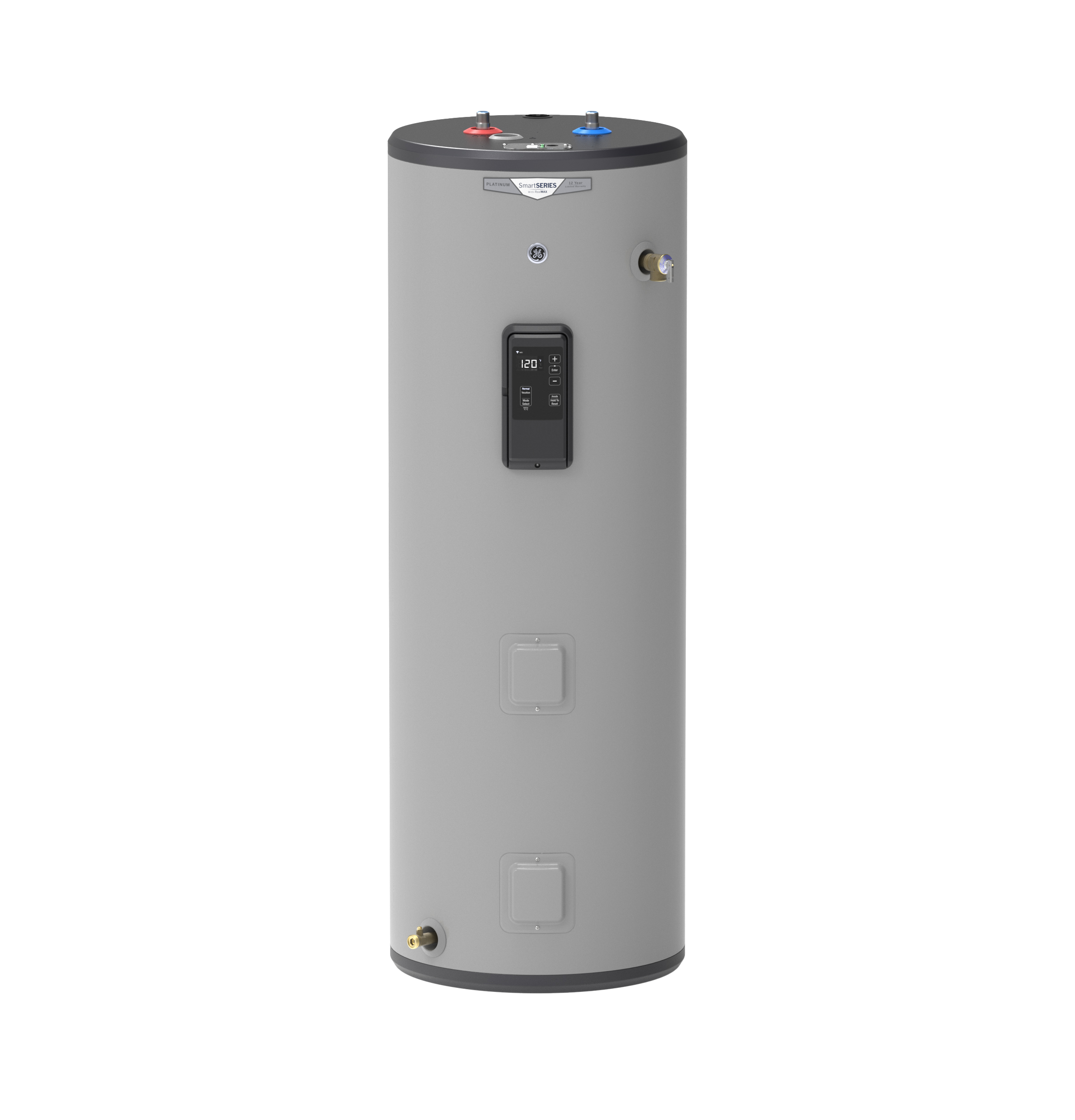 General Electric Smart GE50T12BLM Tall Electric Water Heater, 50 Gallons, 240 V, 5,500 W (Upper), 5,500 W (Lower), 0.93 UEF, 78 Gallons First Hour Delivery, 2 Elements, Low Density Stainless Steel Element Type