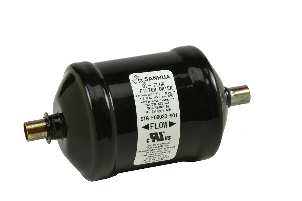 Sanhua STG Series FDBI-083-S Bi-Flow Filter Drier, 3/8" Size, 5 Tons (R-22), 4.89 Tons (R-134a), 3.41 Tons (R-404A / R-507), 4.89 Tons (R-407C), 5 Tons (R-410A) Flow Capacity, 3/8" ODF Connection Type, R-22, R-134A, R-404A, R-407C, R-410A, R-507, 20 Microns Micron Rating, 700 PSI, 80% Molecular Sieve / 20% Active Alumina (Desiccant Blend)
