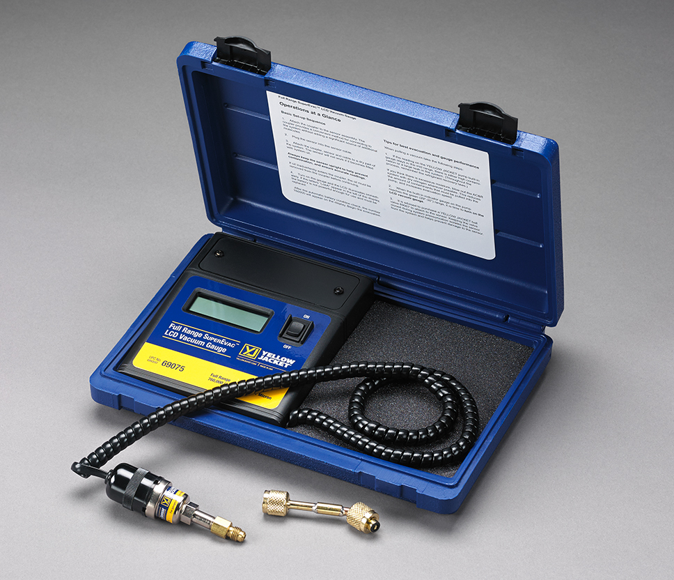 Yellow Jacket SuperEvac 69075 LCD Vacuum Gauge, 760,000-1 Microns, 19.7 PSI (Maximum), 1/4" Male Flare Connection, Â± 20% RDG (10-10,000 Microns), 1 Micron (Below 1,000 Microns) Resolution, All Common Refrigerants (CFC, HCFC, HFC, HFO), Handheld