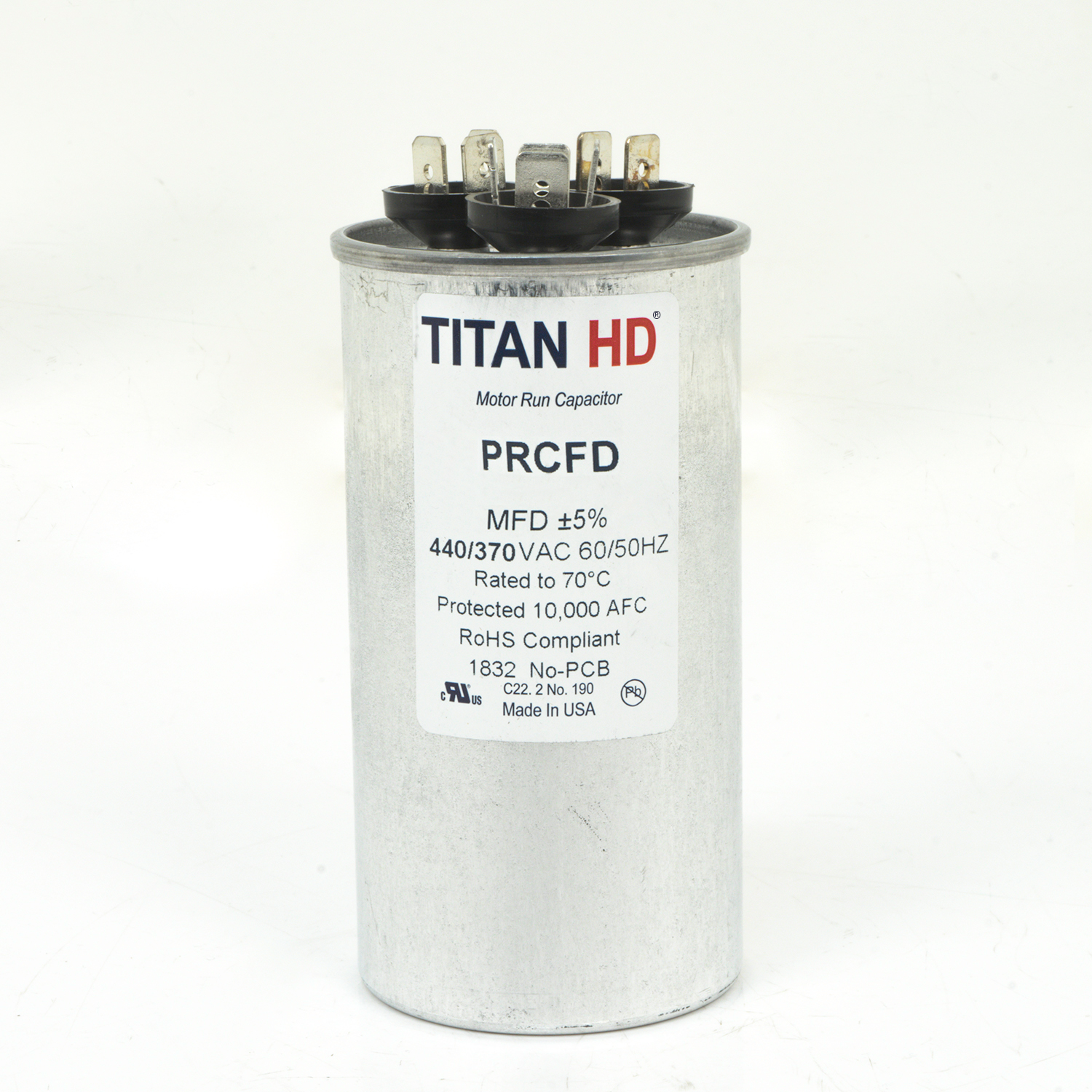Packard Titan HD PRCFD355A Dual Motor Run Capacitor, 35/5 MFD, 440/370 VAC, Round, 2 Number Of Sections, 4-11/32" Overall Height, 2" Diameter, Aluminum (Case), Steel (Cover) Housing Material