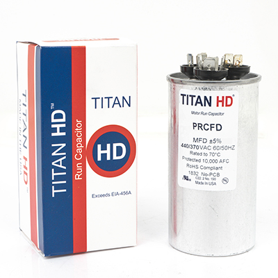 Packard Titan HD PRCFD355A Dual Motor Run Capacitor, 35/5 MFD, 440/370 VAC, Round, 2 Number Of Sections, 4-11/32" Overall Height, 2" Diameter, Aluminum (Case), Steel (Cover) Housing Material