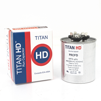 Packard Titan HD PRCFD5575A Dual Motor Run Capacitor, 55/7.5 MFD, 440/370 VAC, Round, 2 Number Of Sections, 3.88" Overall Height, 2-1/2" Diameter, Aluminum (Case), Steel (Cover) Housing Material