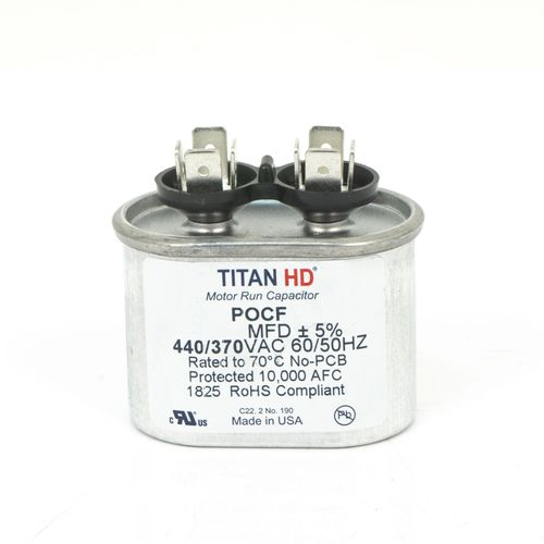 DiversiTech Titan HD POCF2A Oval Run Capacitor, 2 MFD, 370/440 V, Oval, 1 Phase, Standard Blade, Â±5% Tolerance, -40 To 70 Â°C