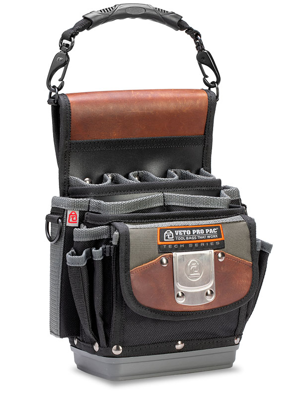 Veto Pro Pac Tech Series TP4B Tool Bag, 22 Pockets, 1200D Nylon (Pockets), Leather (Trim), Polypropylene (Base), 10 lbs Weight Capacity, 4 Compartments, 11-1/2" Height, 8-1/2" Width, 5" Depth