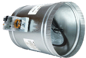 EWC Controls URD Series Round Motorized Damper, 6" Diam Opening Size, Round, 24 VAC, 110 CFM, Slip-In, Duct Mount, 1.5 In. Wc. (Static, Max) Pressure Rating, Power Open/Power Close, Three-Wire