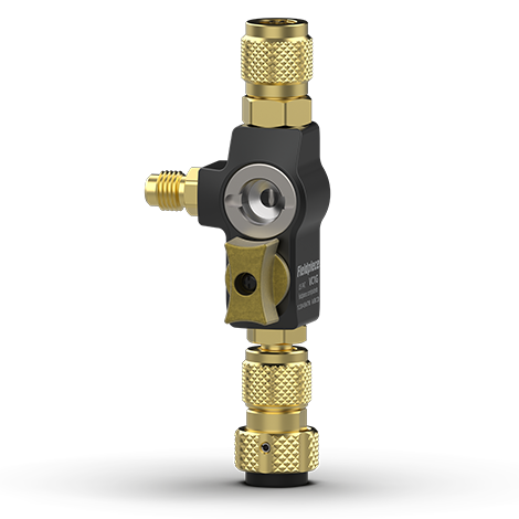 Fieldpiece Instruments VC1G Valve Core Removal Tool, 1/4" Size, 800 PSI, 1/4" Female Port (Service), 1/4" Male Port (Side), 1/4" Male SAE Flare (Service Hose), 5/16" Female SAE Flare (Service Port), Brass, 5-3/50" Length, 2" Width, 1-1/2" Height