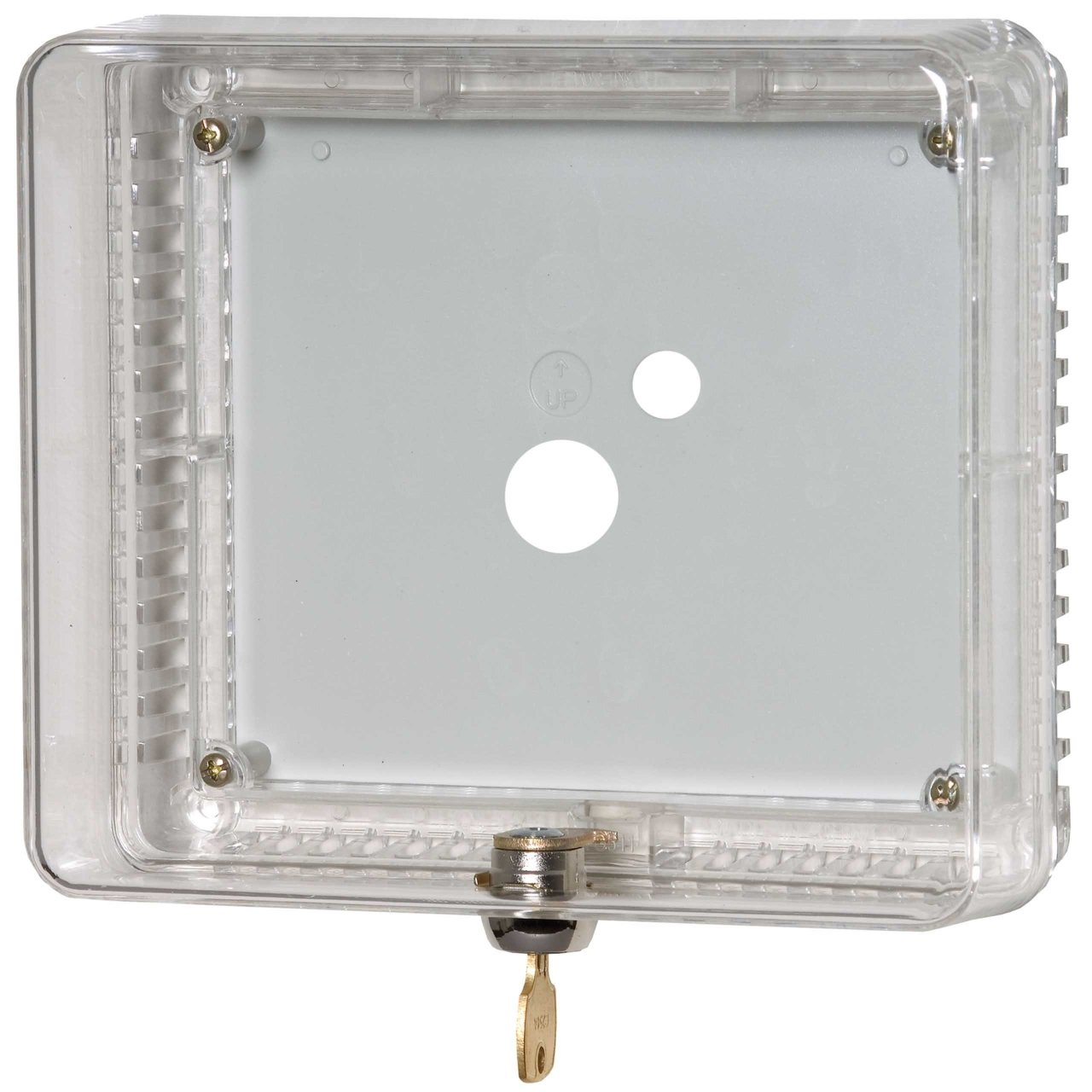 Resideo Versaguard TG511A1000 Thermostat Guard, Wall Mount, Junction Box Mount, 6-1/2" H x 7-1/2" W x 2-15/16" D Dimensions, Acrylic (Ring Base), Polystyrene (Wall Plate), Clear Acrylic (Ring Base), Opaque Polystyrene (Wall Plate), 5-1/16" H x 6-1/16" W Ring Base Inside Dimensions