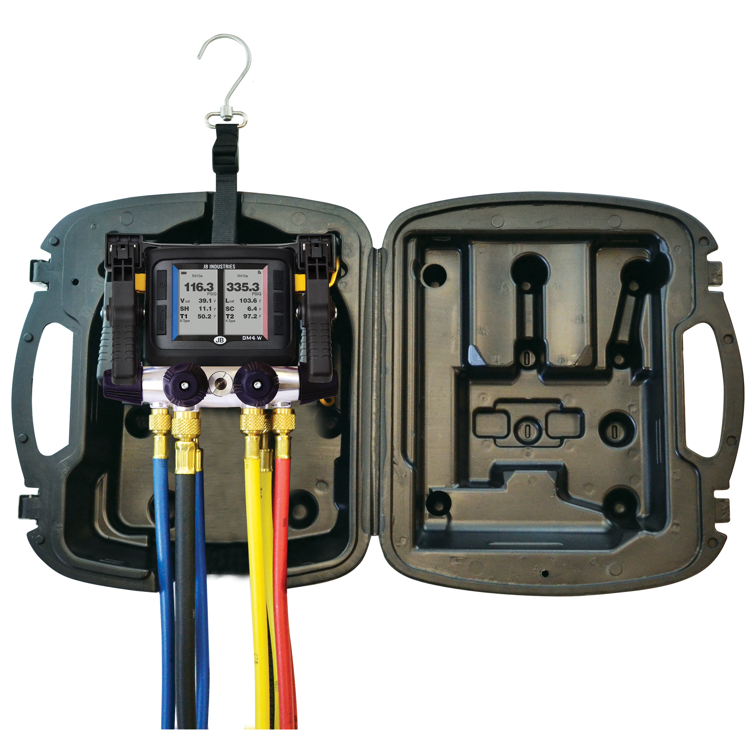 JB Industries CLIMATE CLASS ZEPPELIN DM4 DM4-ZW Wireless Digital Manifold Kit, 4 Pcs (Valves), 4 Pcs (Hoses), -14.7-1,000 PSI (Low Side), 0-1,000 PSI (High Side), 0.1 PSI (Pressure Resolution), 0.1 Â°F (Temperature Resolution) Accuracy, 1,000 PSI (Maximum Overpressure), SAE End Connection, 3/8" SAE (Manifold Ports), 3/8" SAE (Vacuum Port) Connection Size, Forged Aluminum (Manifold Body), Stainless Steel (Transducers)